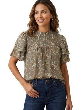 Nanette Lepore NWT Prairie Sage Paisley Print High Ruffle Collar Blouse Size XL